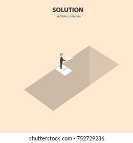 Businessman building bridge over deep hole. Business solution vector concept. Symbol of business success, overcome challenges and ambition. Vector illustration.