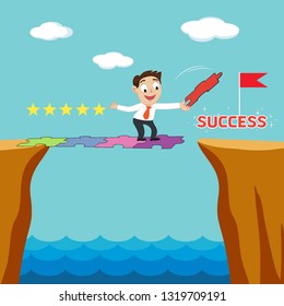 Businessman building a puzzle bridge to cross the cliff, illustration vector cartoon