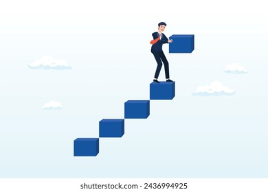Businessman building staircase to progress ascending business growth, build business success stairs, self development or career growth and job improvement, growing up or job promotion (Vector)