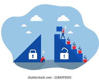 businessman building stairs  new successful life. Think growth mindset different fixed mindset concept, illustrator.