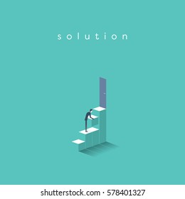 Businessman building steps to door. Symbol of business solution, career, opportunities. Eps10 vector illustration.