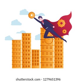 businessman with buildings and hero cloak