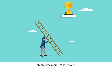 businessman builds ladder to reach trophy of success, effort to achieve business target and goals, creative idea to achieve victory