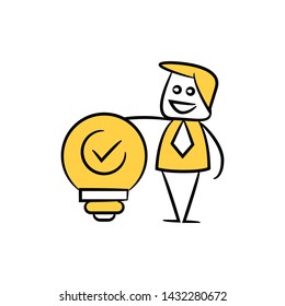 businessman and bulb  with tick creative concept in stick figure yellow theme