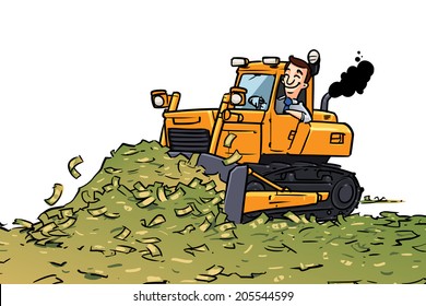 Businessman in bulldozer is shoveling big heap of money