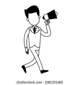 Businessman with bullhorn on black and white colors