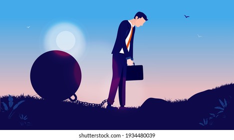 Businessman with burden - Man walking slowly with ball on chain attached to foot. Work overload, burnout and overworked concept. Vector illustration.