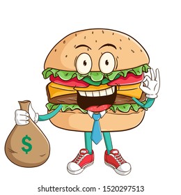 Businessman of burger cartoon character holding bag full of money with ok hand sign and funny smile face