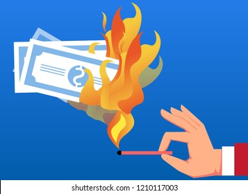 Businessman burned the banknotes with a match