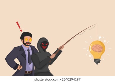 A Businessman with Burning Eyes Witnesses a Hacker Fishing for a Brainstorming Idea Represented by a Brain Inside a Lightbulb, Emphasizing the Danger of Innovation Exploitation