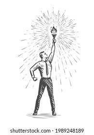 Businessman with burning torch in search of targets and new opportunities. Business concept sketch vector illustration