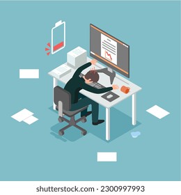 Businessman burnout concept. Energy-draining people with overwork overload. Exhausted from working a long time. Vector illustration isometric cartoon flat design.