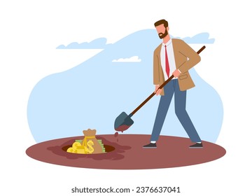 Businessman burying his money. Hiding income and savings, treasure hunting. Rich man with shovel bury pile of gold. Archeologist discovery. Cartoon flat style isolated vector concept