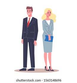 Businessman and busiesswoman in smart casual cothes. Idea of success and professional growth. Office character, employee or worker. Vector illustration in cartoon style