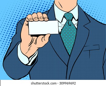 Businessman and business card. Retro style pop art