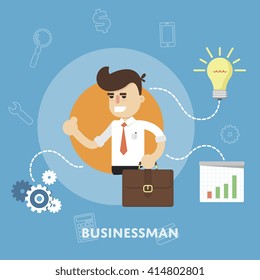 Businessman with business ideas design concept of startup business management flat abstract isolated vector illustration
