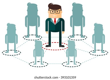Businessman and business links. Conceptual image of a businessman character. Cartoon flat vector illustration. Objects isolated on a background. 