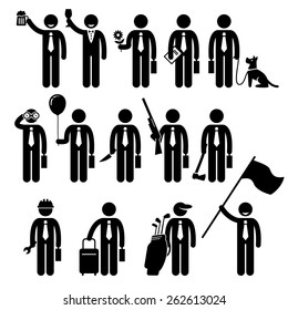 Businessman Business Man Holding Objects Man Stick Figure Pictogram Icon