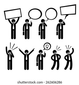 Businessman Business Man Talking Thinking Shouting Holding Placard Stick Figure Pictogram Icon