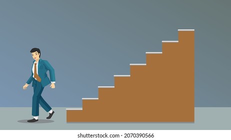 Businessman in business Navy Blue Suit  walking down stairs brown color. Walking back to the beginning. Isolated vector illustration on dark background.