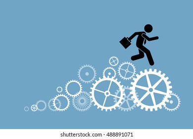 Businessman business person running on cogwheels. Vector artwork depict working, production, process, and engineering technology.