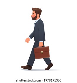 Businessman in a business suit and a briefcase in his hands goes to work on an isolated background. Vector illustration in cartoon style