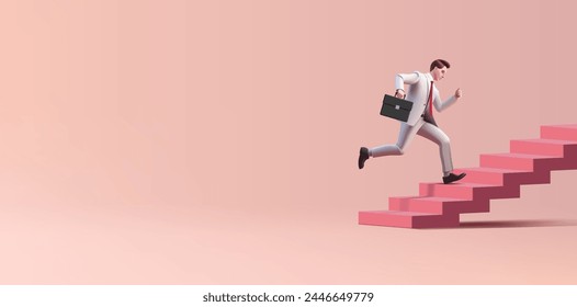 Businessman in a business suit with a briefcase runs up the stairs, 3D. For finance, profit, business, goal achievement and success design concepts. Rushing to success, metaphor. Vector