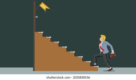 Businessman in business suit hand holding a necktie and brown handbag walking up stairs brown color. Walking up to the goal. top with alag Goal. Isolated vector illustration on dark background. 
