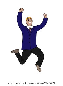Businessman in a business suit jumping for joy at work on a white isolated background. Illustration for websites, banners, business documents