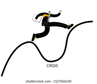 A businessman in a business suit jumps over a pit with a crisis. Vector illustration on the topic of anti-crisis management of the company.