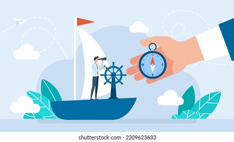 Businessman in a business suit looks in a telescope standing on a ship. Moving to success in business. An experienced mentor shows the direction on the compass. Curatorship. Vector flat illustration