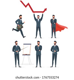 Businessman in a business suit. A man in a classic suit. Set for presentation on a business theme. Isolated. Vector.