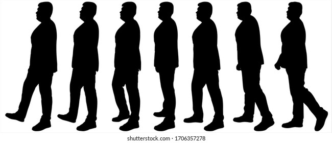 Businessman in a business suit in motion, moves. Man is in motion. Side view, profile. Set of seven silhouettes of large build young guys. Black silhouettes isolated on a white background. Bodyguard.