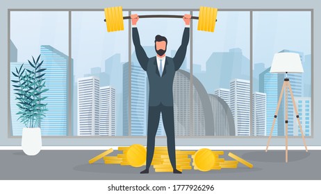 A businessman in a business suit raises a barbell. The man in the office raises the barbell. Successful business concept. Vector.