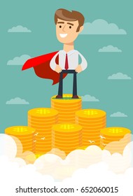 businessman in a business suit and red cape superhero proudly standing on the huge money staircase in a confident pose. Flat style business concept. Stock vector illustration