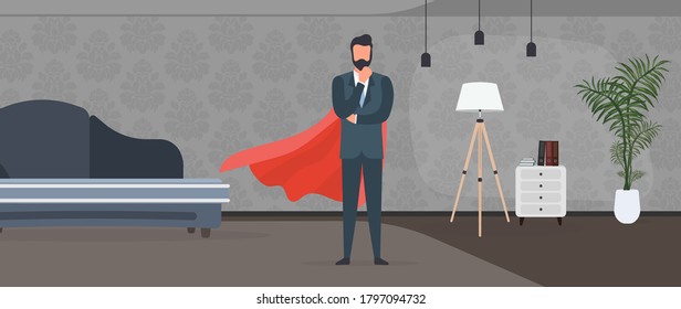 Businessman in a business suit with a red raincoat. Superhero entrepreneur. Successful person concept. Vector.