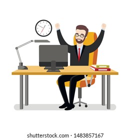 Businessman in a business suit rejoices at his workplace, raising his hands. Vector flat illustration.