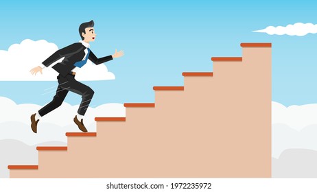 Businessman in business suit running up stairs brown color. Walking up to the goal. Vector illustration on blue sky with cloud background.