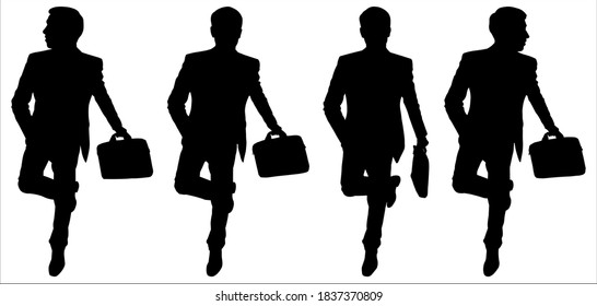 Businessman in a business suit runs with a briefcase in his hand. Man runs and looks around. Front view, full face. Teamwork. Four male silhouettes of black color are isolated on a white background.