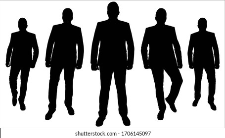 Businessman In A Business Suit. Set Of Five Silhouettes Of Large Build Young Guys. Teamwork. Way To Work. Bodyguard. Security Guard. Successful Man. Black Silhouettes Isolated On A White Background.