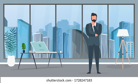 A businessman in a business suit is sitting at his office. Businessman posing thoughtfully. Vector.