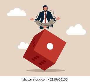 Businessman in a business suit sitting on a large red game dice, using as background business decision, planning, risk management concept. Financial luck.