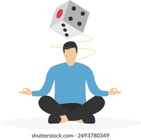 Businessman in a business suit sitting on a large red game dice, using as background business decision, planning, risk management concept. Financial luck.

