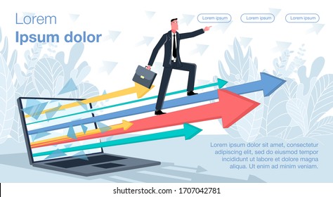 A businessman in a business suit is standing on the growing graph arrows coming out of the laptop screen. Vector illustration of online income on the Internet and distance earnings
