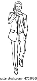 Businessman in business suit talking on mobile phone. Formal dressed corporate employee having a conversation on cellphone.
Isolated on white background vector illustration in EPS 8 format