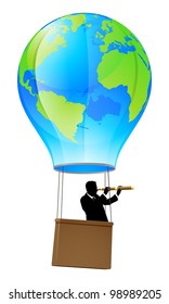 Businessman in a business suit with a telescope looking forward for opportunity in a hot air balloon with a world globe on it. Concept illustration