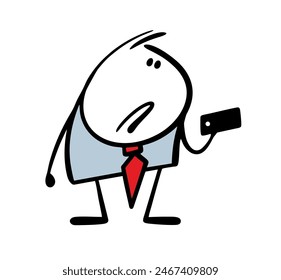 Businessman in business suit is unhappy with latest model smartphone. Vector illustration there is no connection and Wi-Fi.  Cartoon stickman is talking on the phone. Isolated boy on white background.