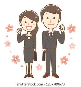 Businessman and business woman.
The background is  cherry blossom　illustration.