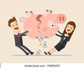 Businessman and business woman break a piggy bank. Vector, illustration, flat