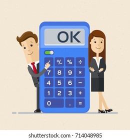 Businessman and business woman with calculator. Profit, finances concept. Vector, flat illustration